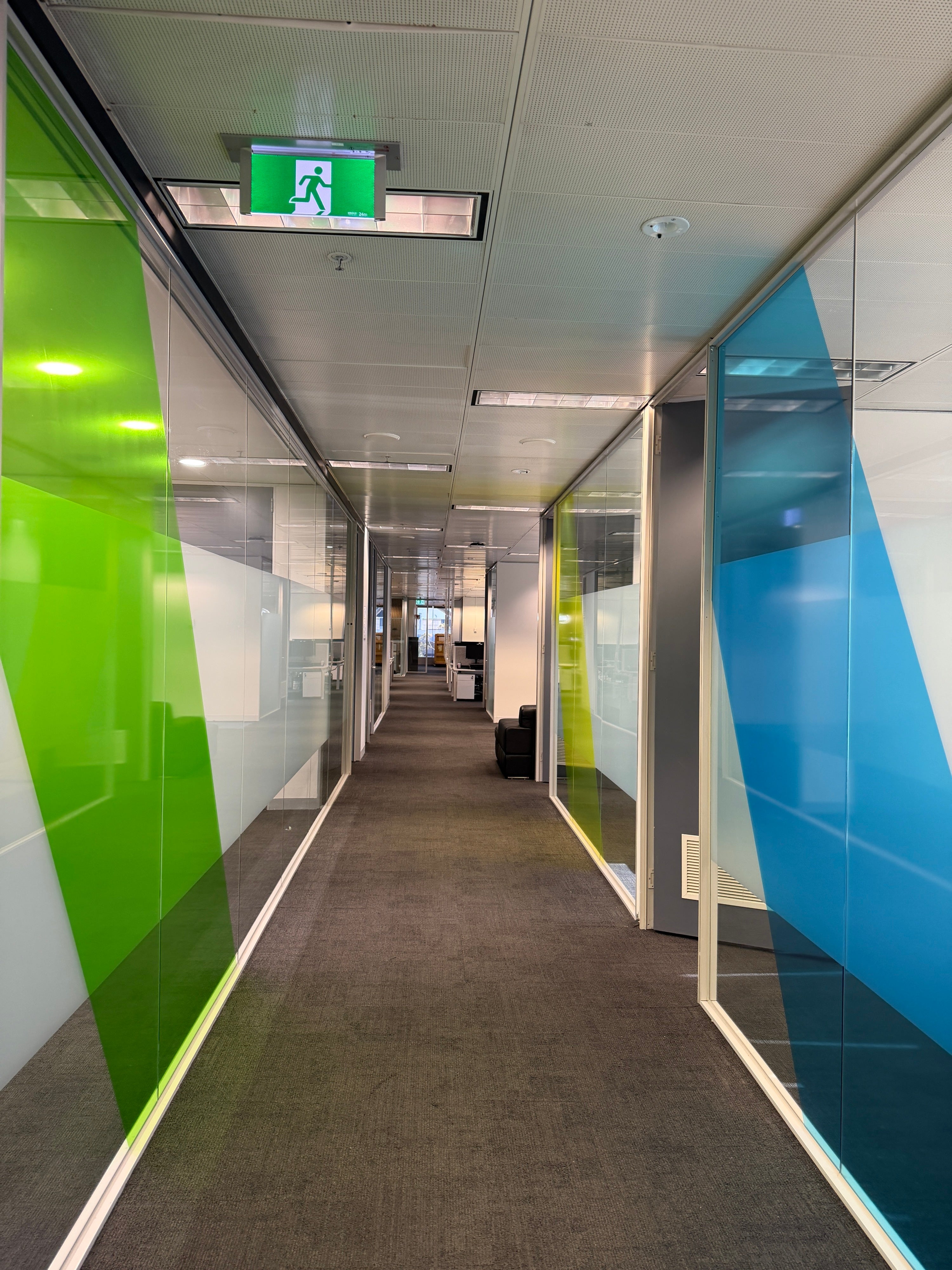 Custom colour translucent and frosted vinyl graphics installed on glass throughout the MTData office corridor, providing privacy, branding, and a modern professional finish.