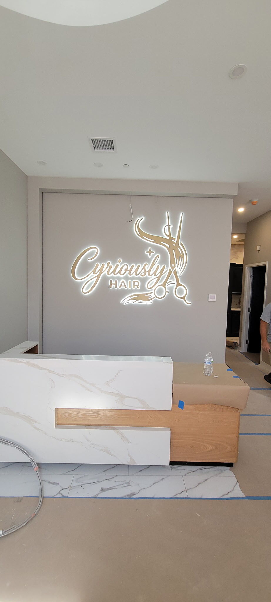 Halo Lit Reception Sign for Cyriously Hair in Bristol, CT