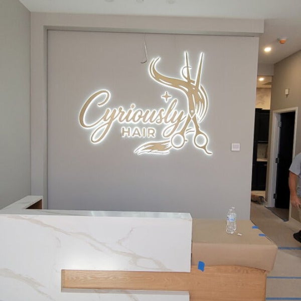 Halo Lit Reception Sign for Cyriously Hair in Bristol, CT