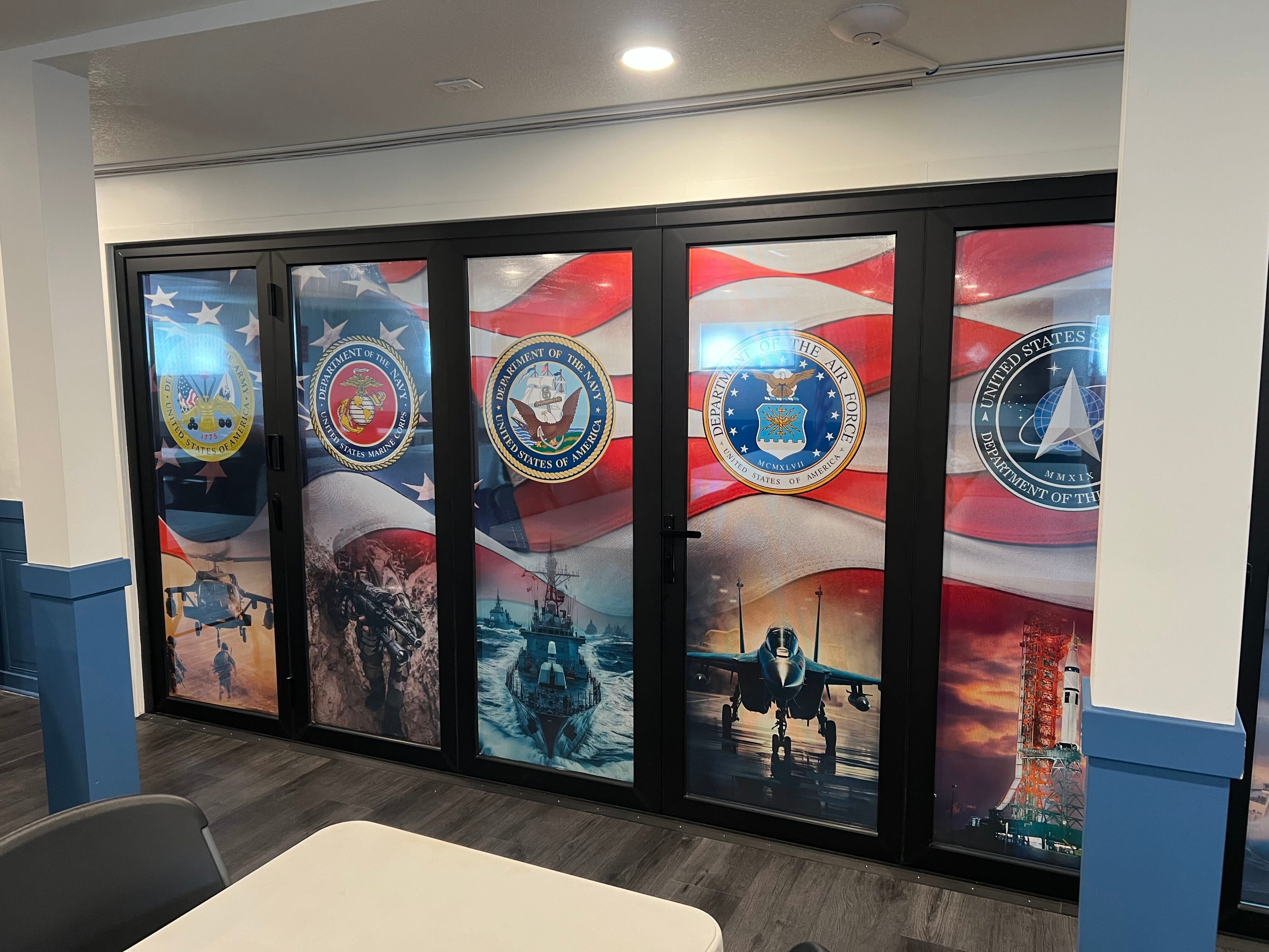 Custom Window Perf Graphics for VFW Post 9662 Honor the Six Branches of the U.S. Military