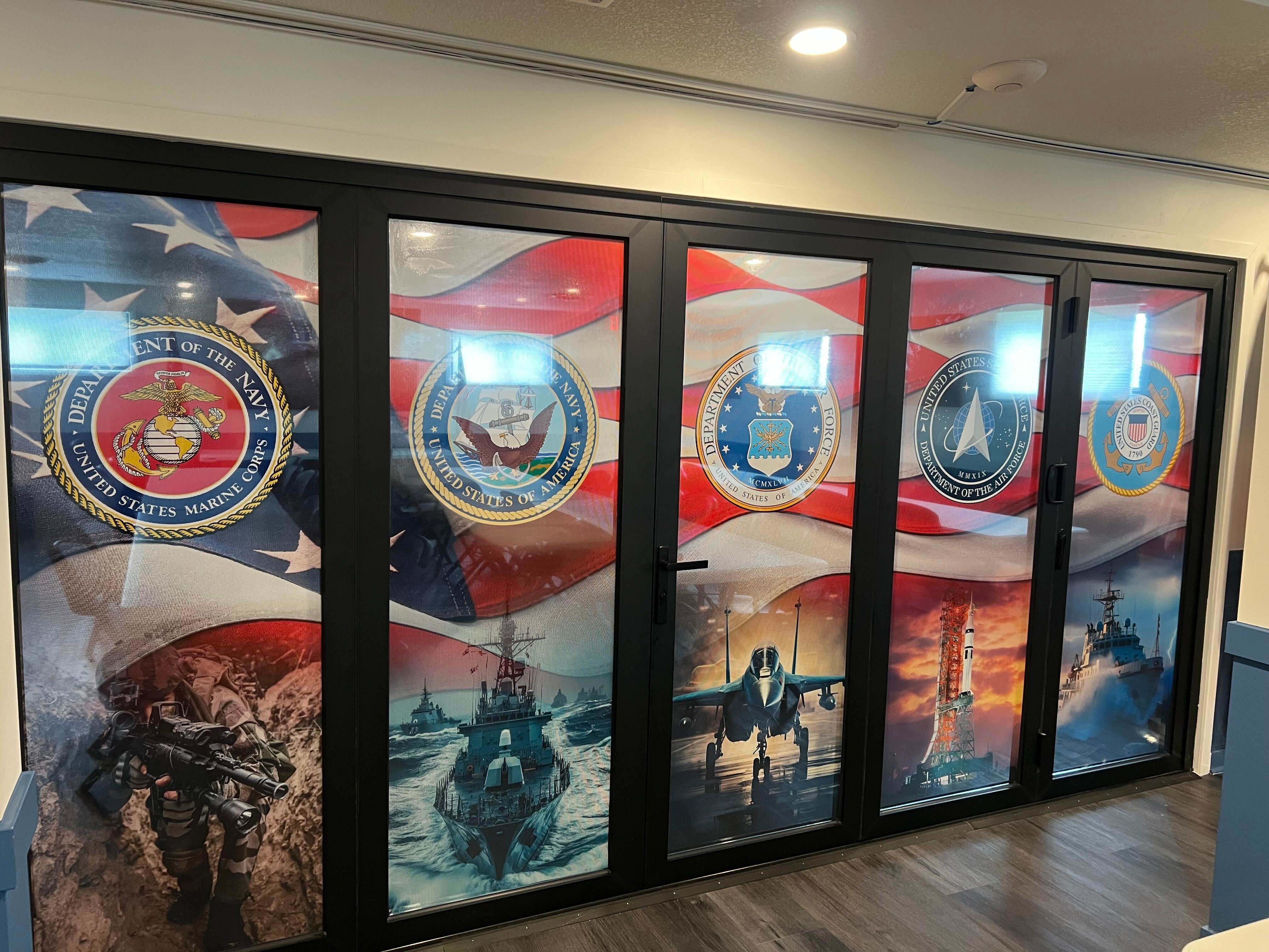 Custom Window Perf Graphics for VFW Post 9662 Honor the Six Branches of the U.S. Military