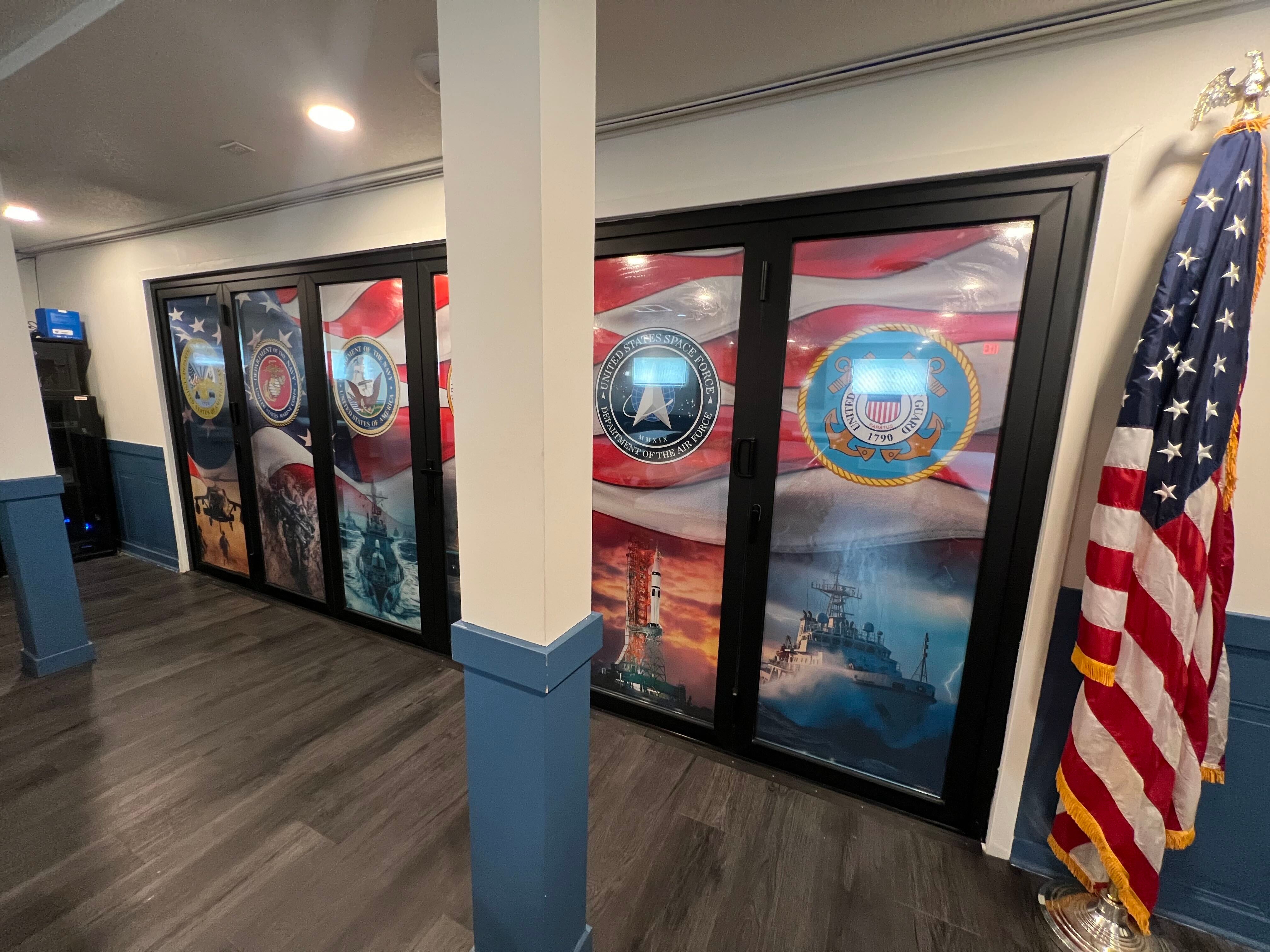 Custom Window Perf Graphics for VFW Post 9662 Honor the Six Branches of the U.S. Military
