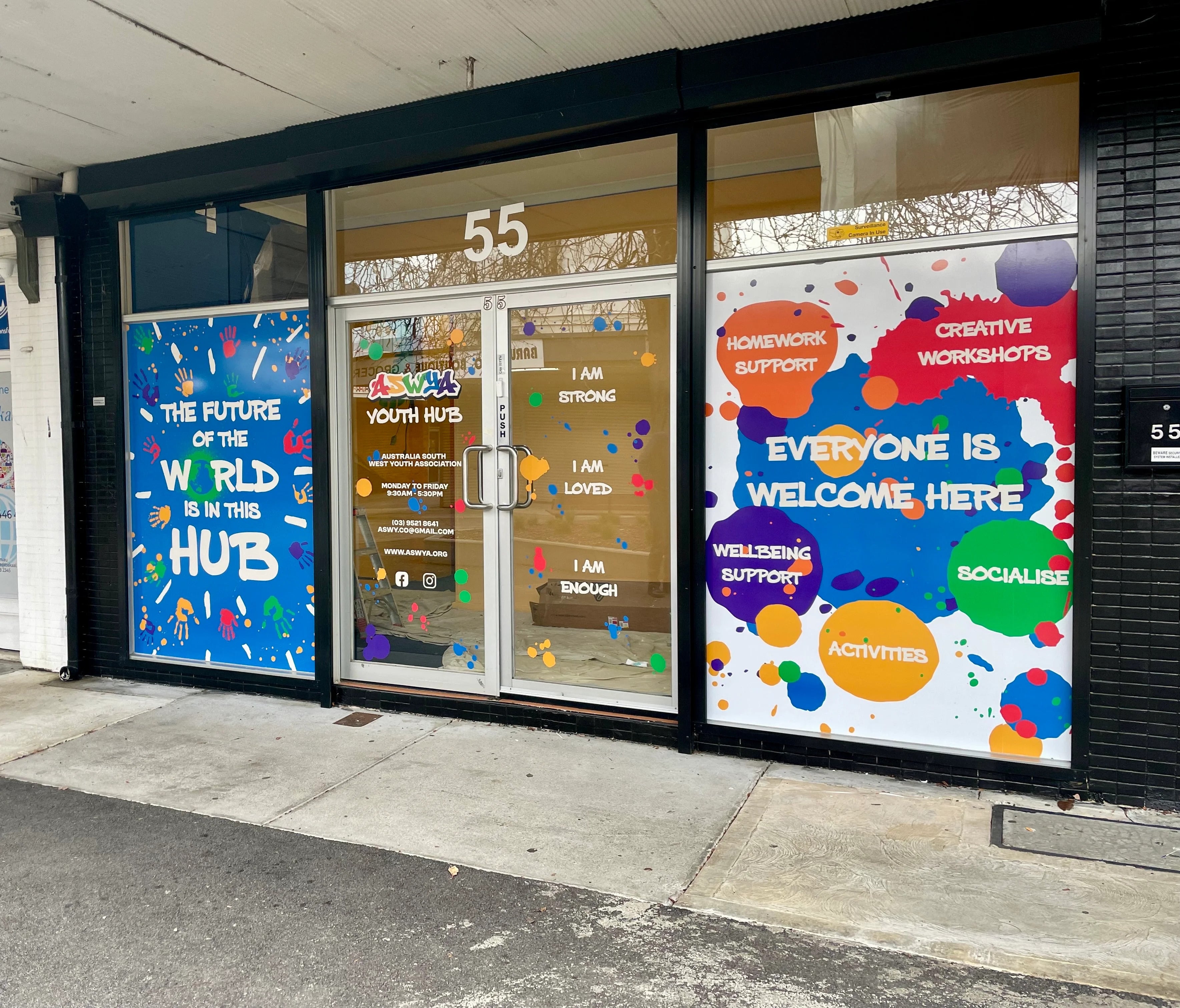 Window Graphics & Hanging Sign - Australian South West Youth Association - Heidelberg West VIC.