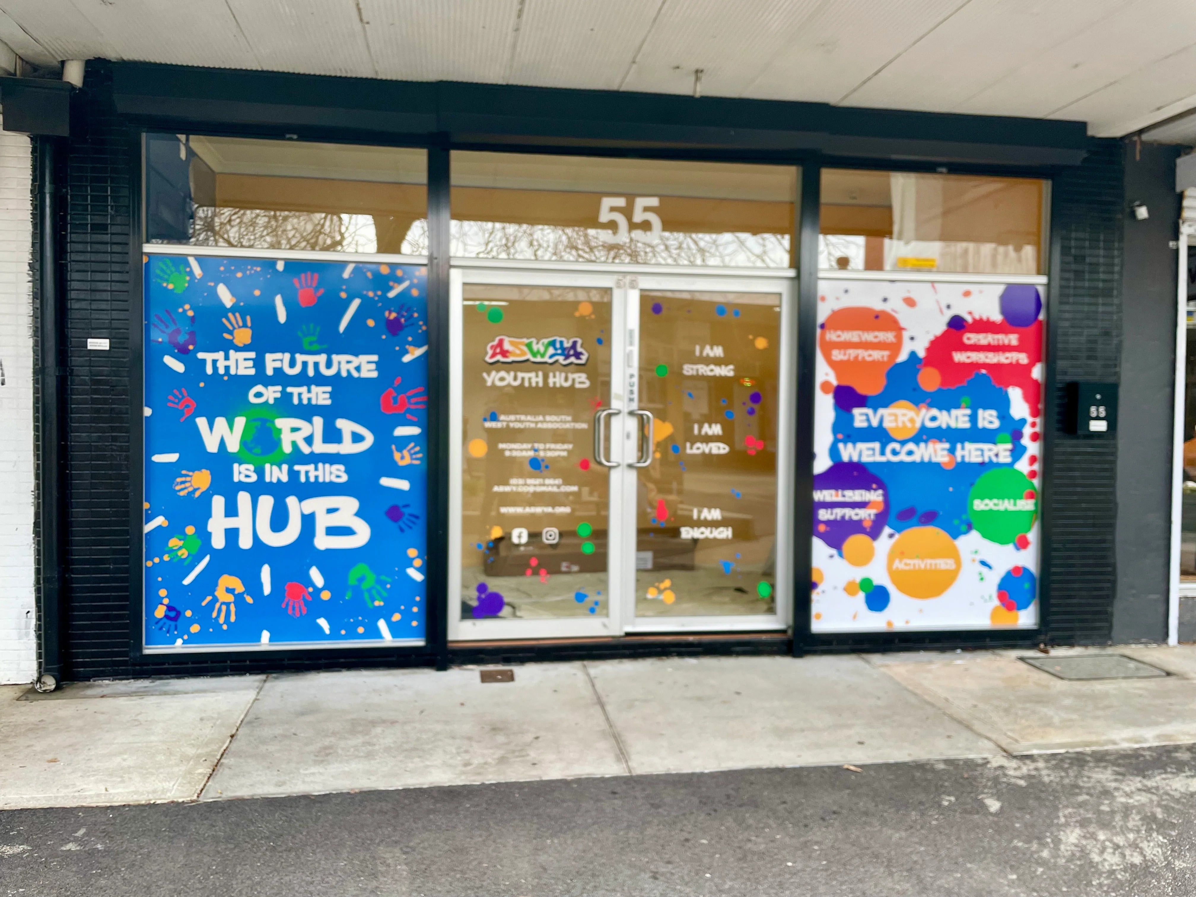 Window Graphics & Hanging Sign - Australian South West Youth Association - Heidelberg West VIC.