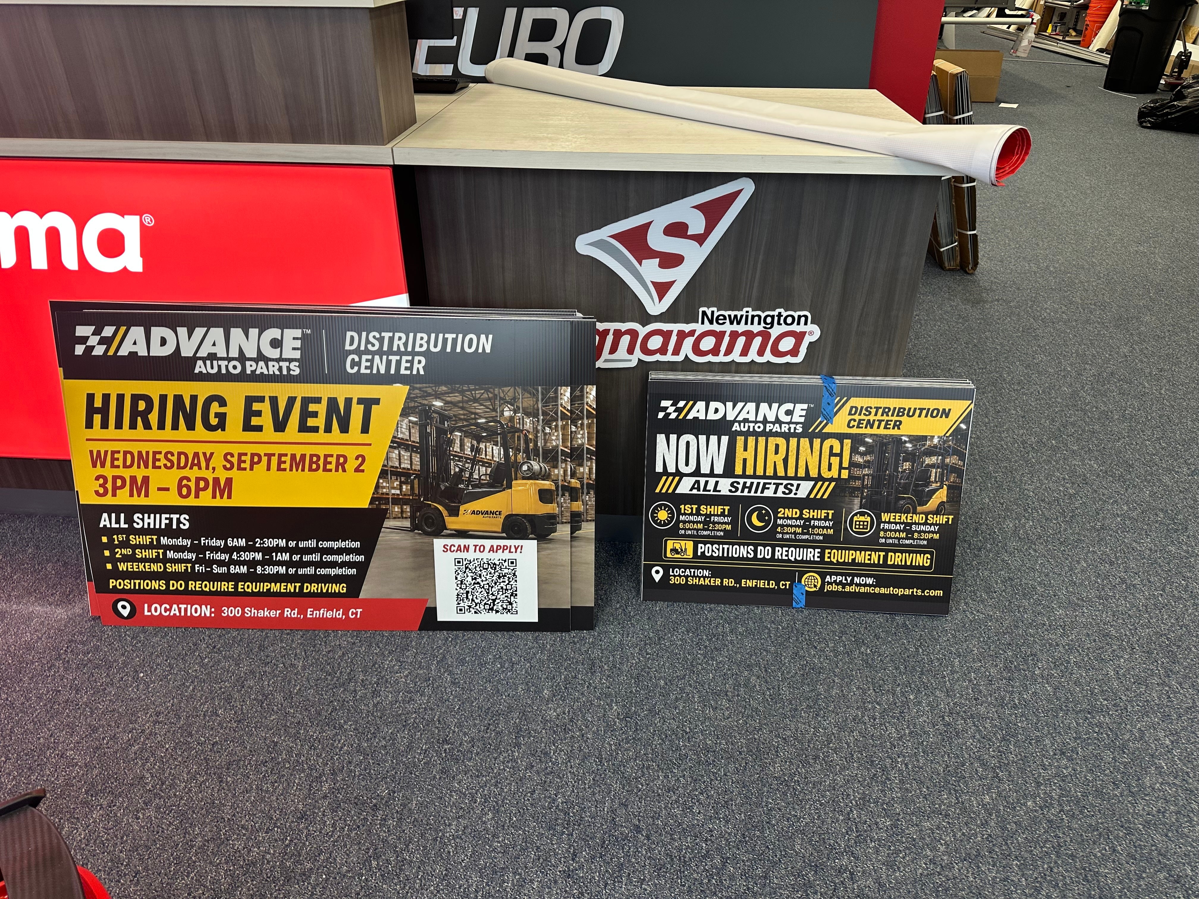 Double-Sided Hiring Yard Signs for Advance Auto Parts in Enfield, CT