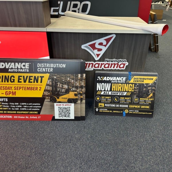 Double-Sided Hiring Yard Signs for Advance Auto Parts in Enfield, CT