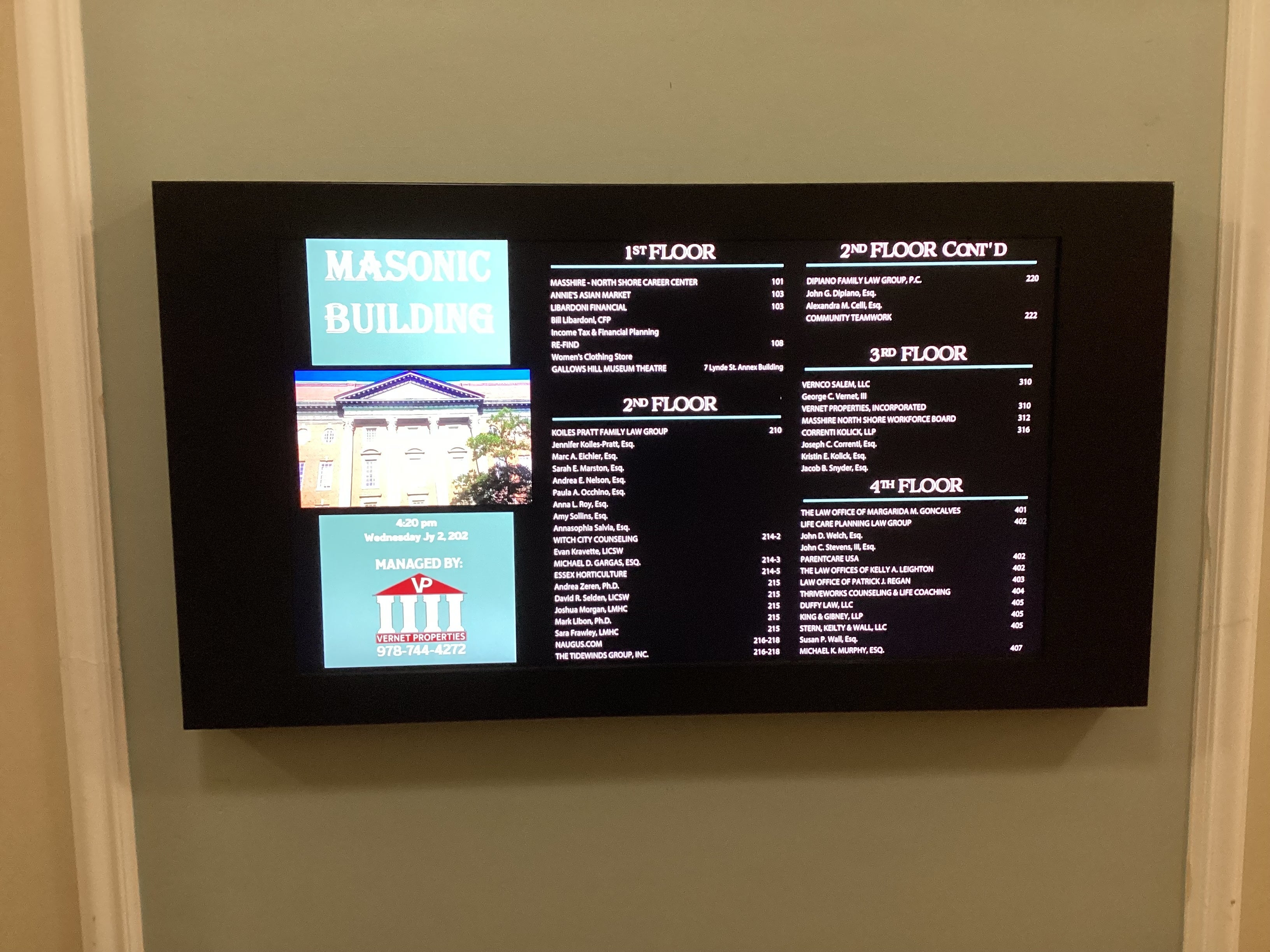 Modern Digital Directory Sign Enhances Navigation Inside the Historic Masonic Building