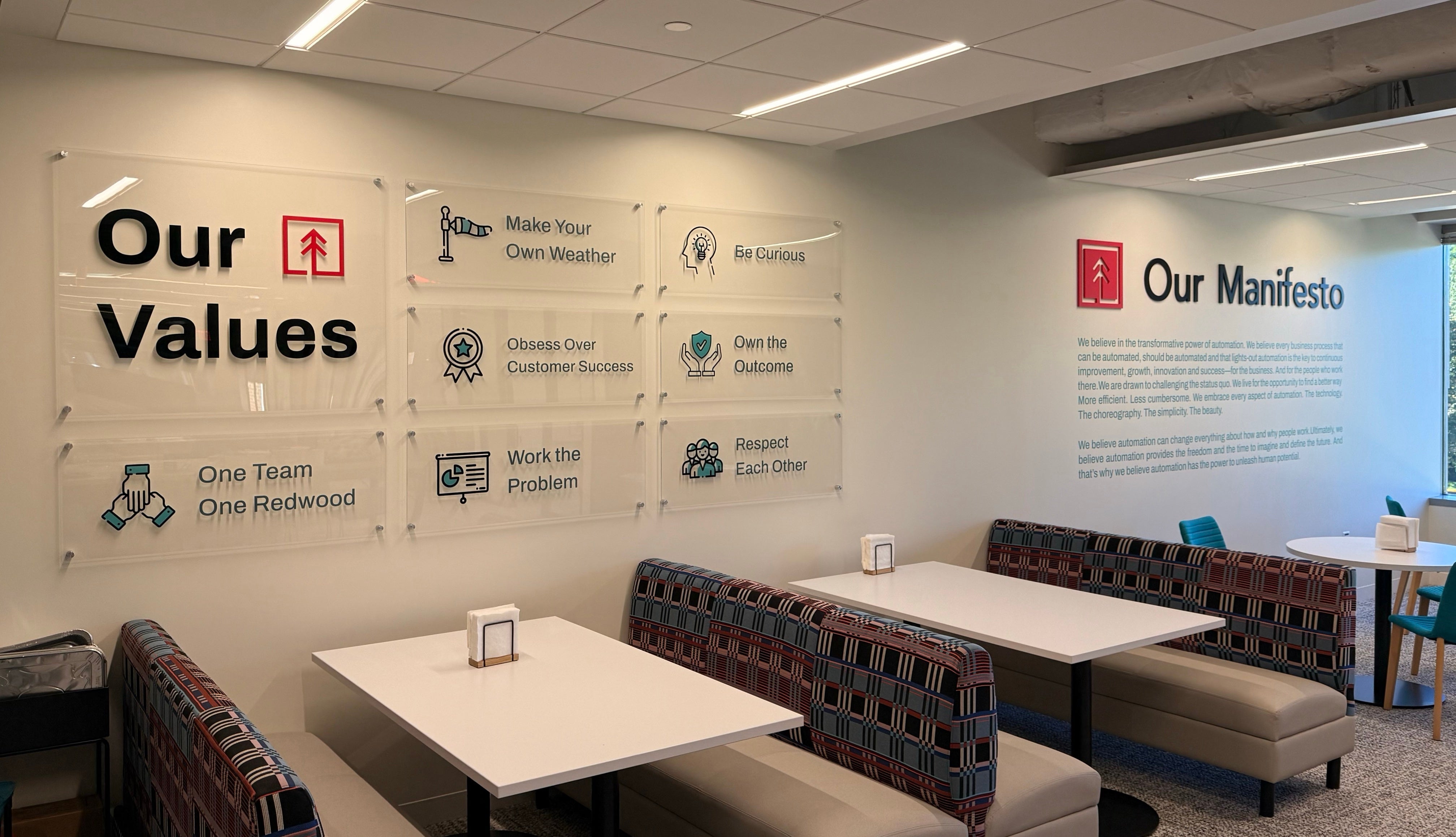 Custom Collaboration Lounge Branding for Redwood in Vienna, VA | Interior Office Signage