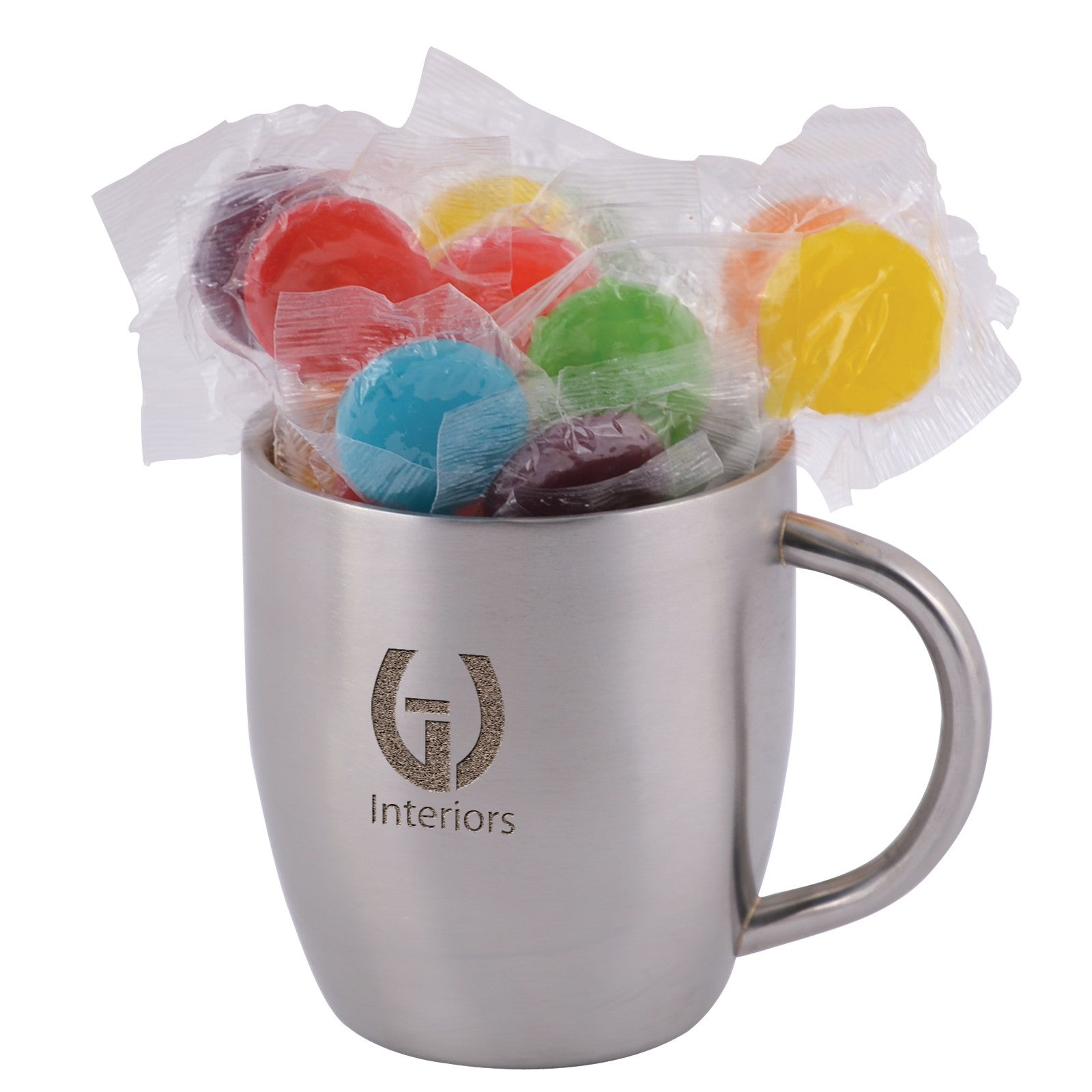 Assorted Colour Lollipops in Stainless Steel Double Wall Curved Mug