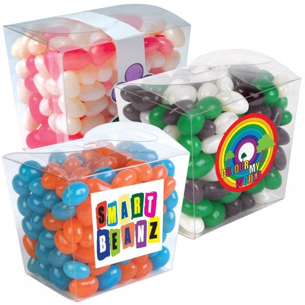 Custom Corporate Colour Mini Jelly Beans in Clear Mini Noodle Box