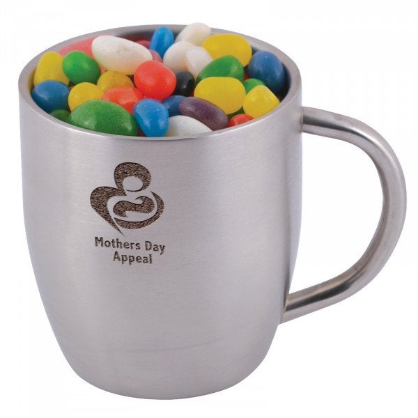 Custom Assorted Colour Mini Jelly Beans in Stainless Steel Double Wall Curved Mug