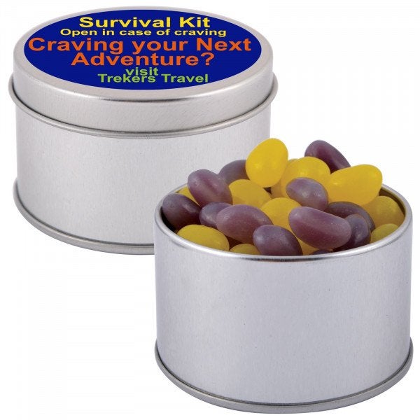 Custom Corporate Colour Mini Jelly Beans in Silver Round Tin