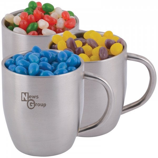Custom Corporate Colour Mini Jelly Beans in Stainless Steel Double Wall Curved Mug