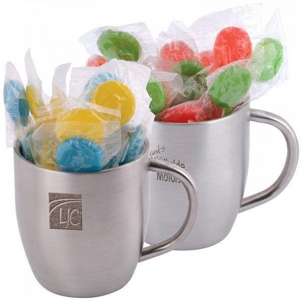 Custom Corporate Colour Lollipops in Stainless Steel Double Wall Curved Mug