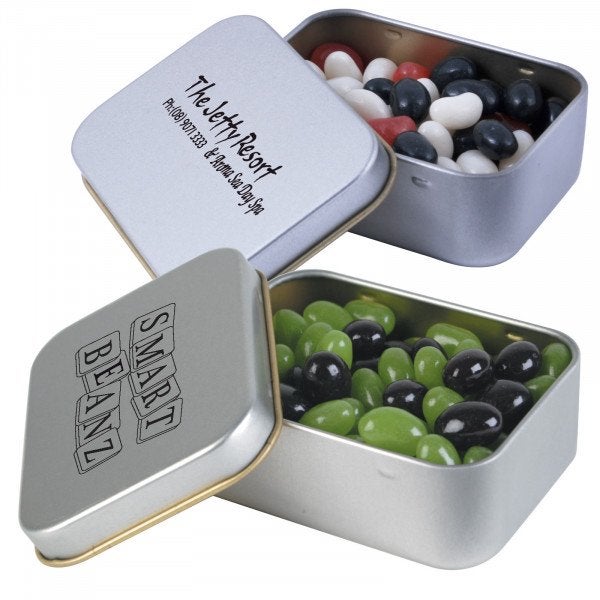 Custom Corporate Colour Mini Jelly Beans in Silver Rectangular Tin