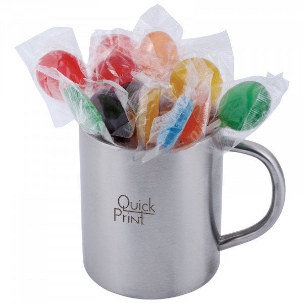 Custom Assorted Colour Lollipops in Double Wall Stainless Steel Barrel Mug