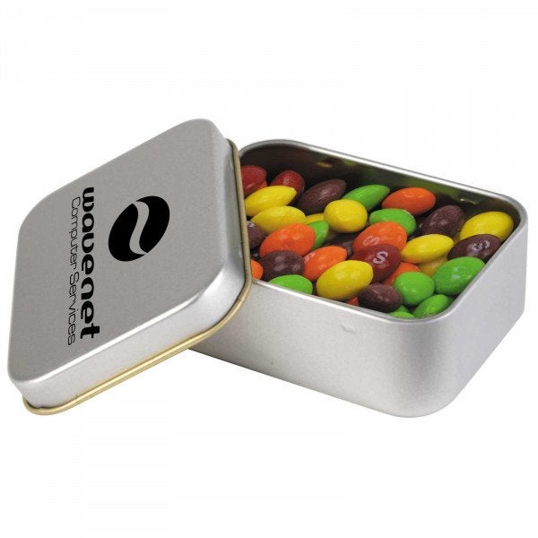 Custom Assorted Fruit Skittles in Silver Rectangular Tin