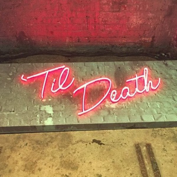 Pink LED Neon Flex Sign spelling out 'Til Death' on an brick backdrop | Neon Signs