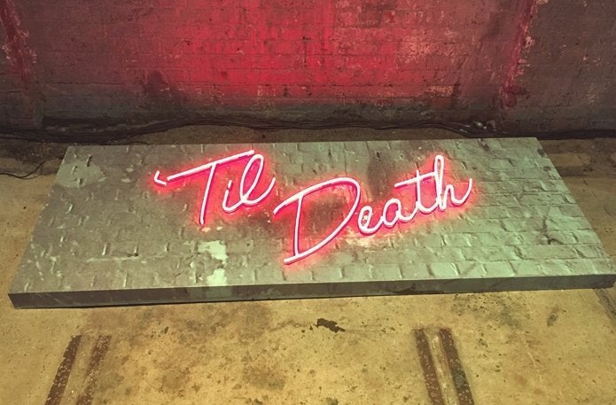 Pink LED Neon Flex Sign spelling out 'Til Death' on an brick backdrop | Neon Signs