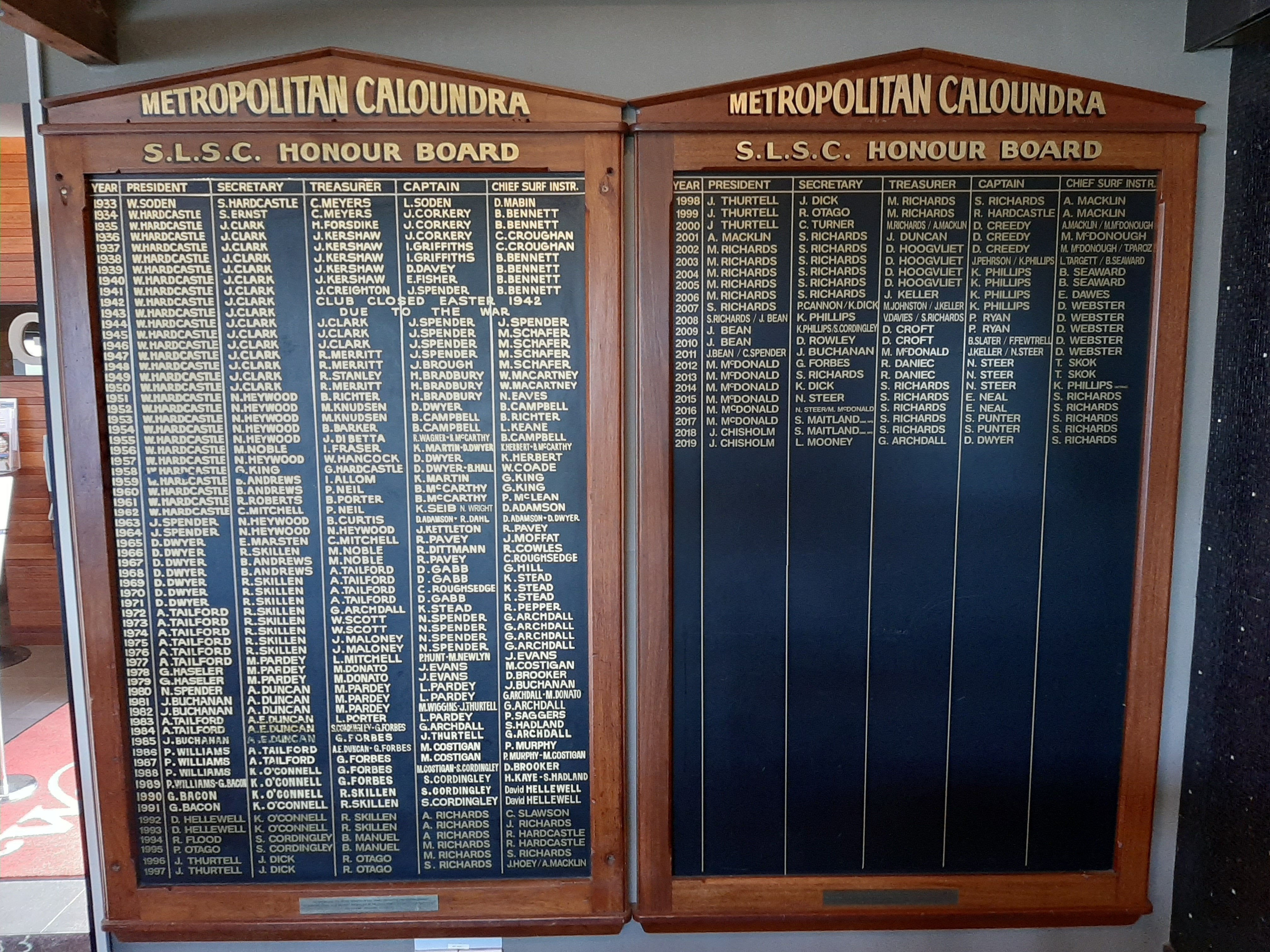 Metropolitan Caloundra Surf Life Saving Club Honour Boards