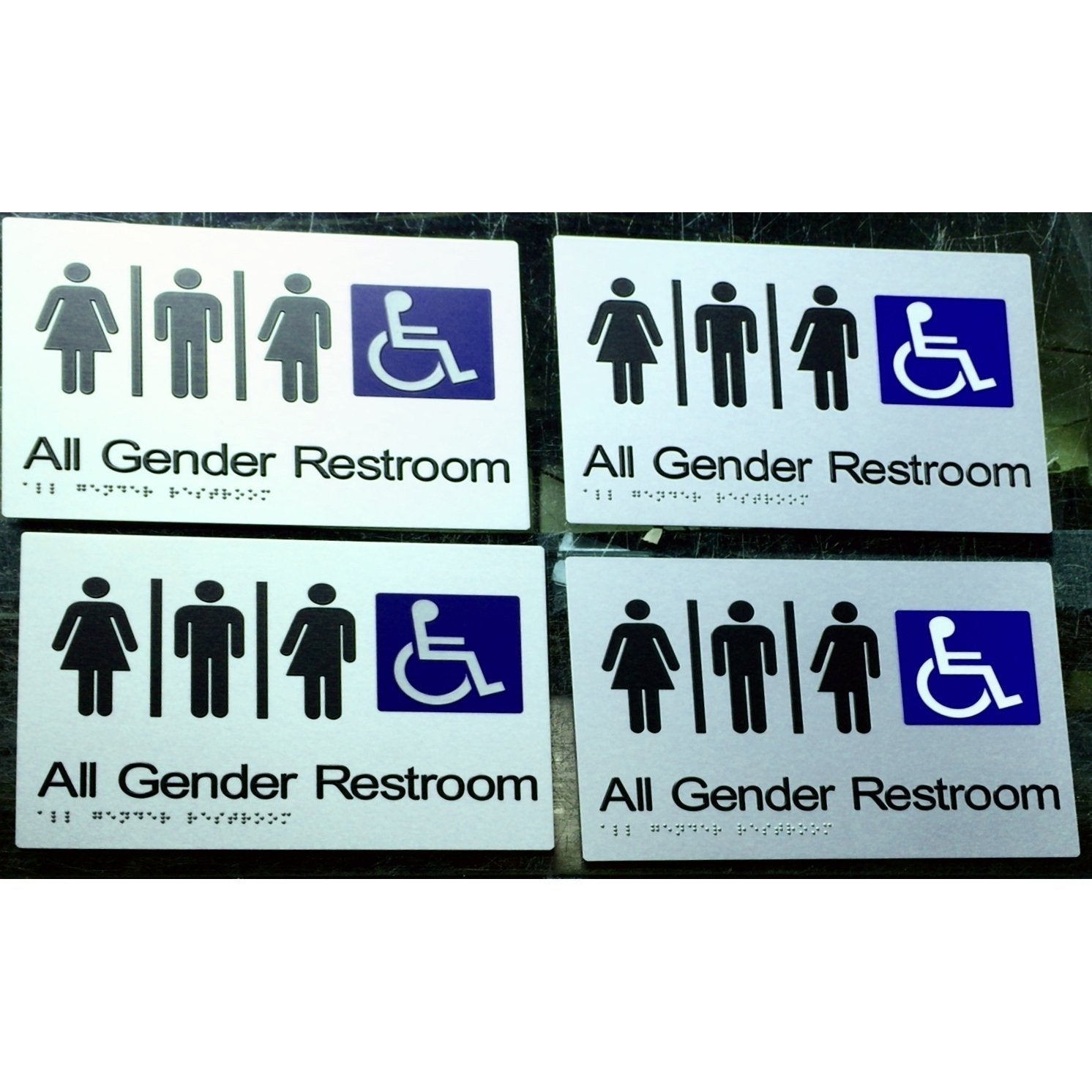 Accessibility and Braille tactile sign for an all gender restroom on metal sheet
