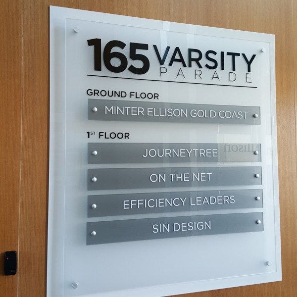 Acrylic directory wayfinding sign backed with frosted etch vinyl acrylic nameplates on chrome standoffs