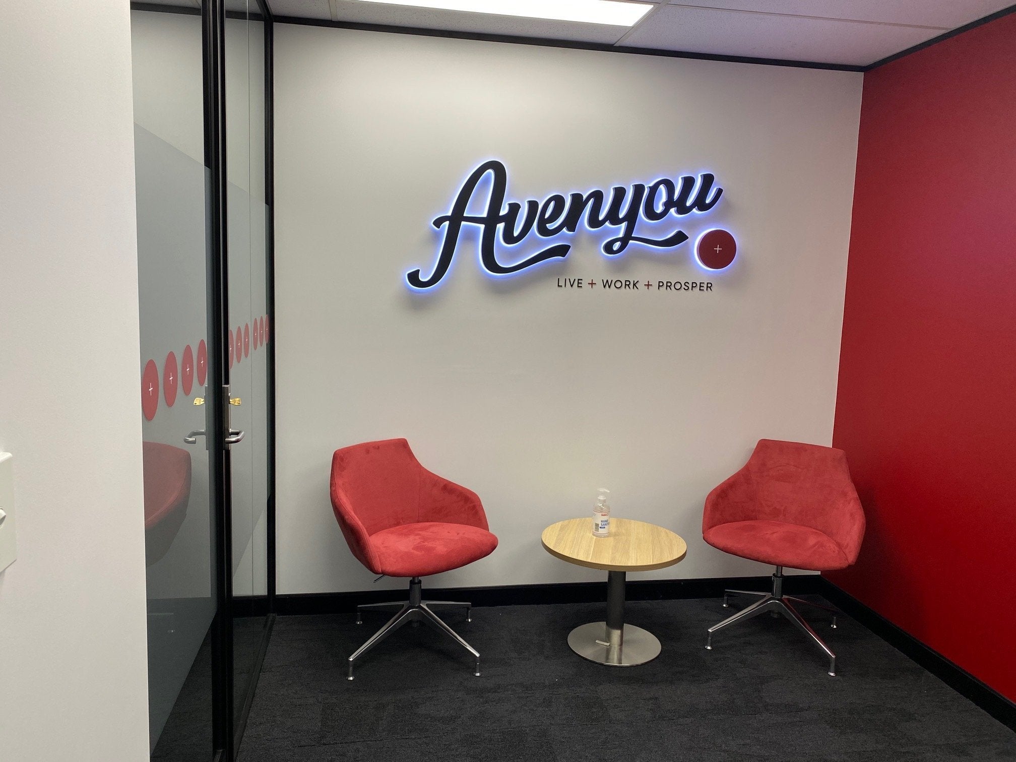 Office window frosting , wall graphics and  3D Illuminated Letters for Avenyou