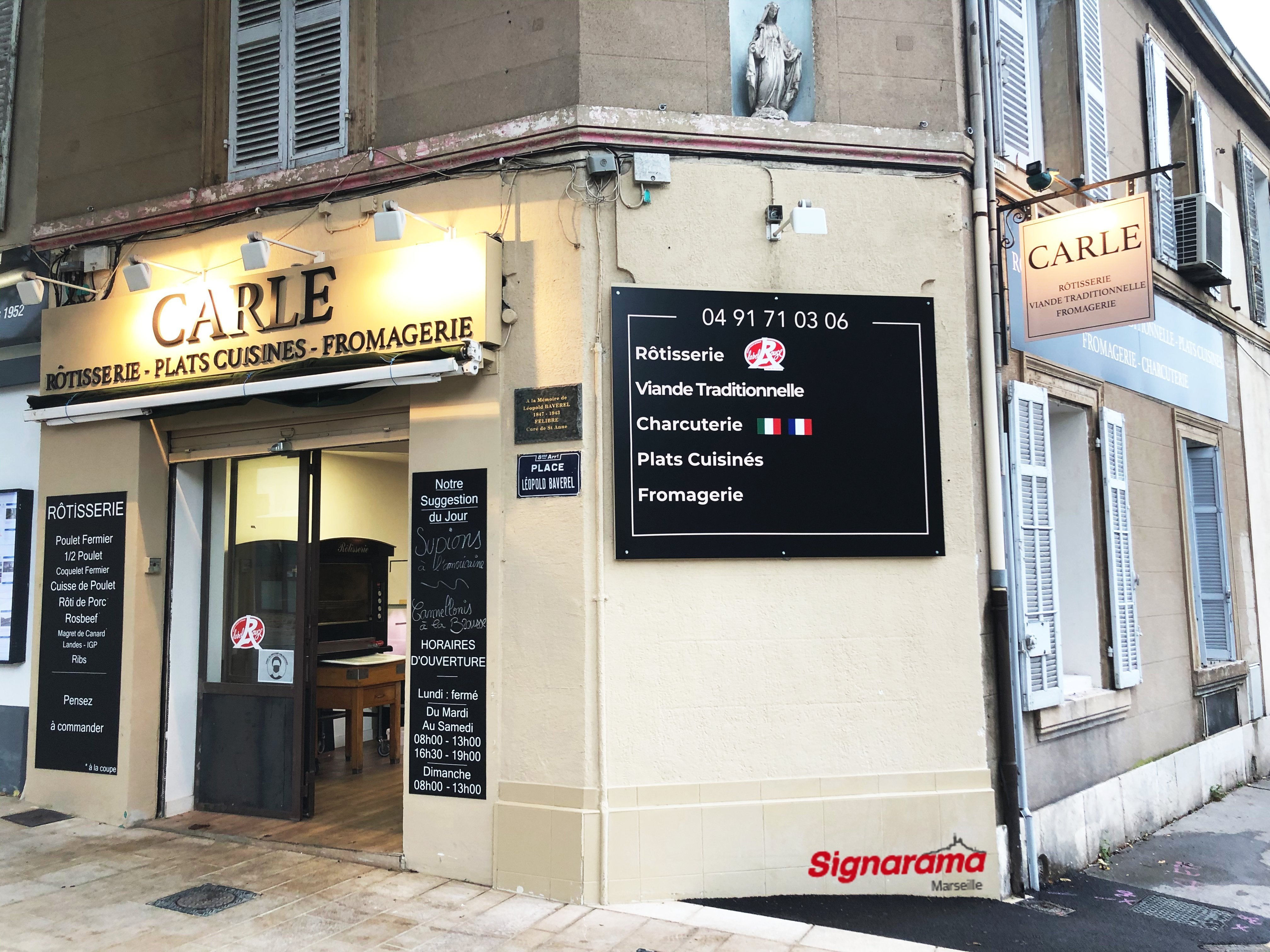 ROTISSERIE CARLE_MARSEILLE_ENSEIGNE_LETTRES PVC_PANNEAUX ALUMINIUMS_ENSEIGNE DRAPEAU