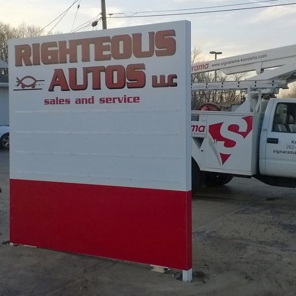 Monument Sign Righteous Autos from 2015 in Racine, WI