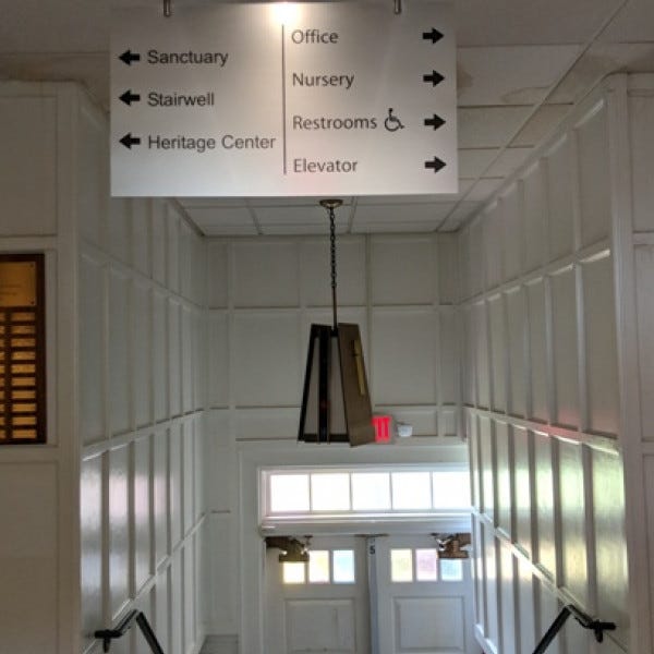 Hanging Plastic Brushed Aluminum Wayfinding Sign1signarama Silver Springcolesville Um Churchsmall
