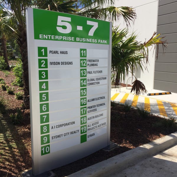 Directory Board for an enterprise business park which sits in outside in a garden bed. White base with green accents and black writing