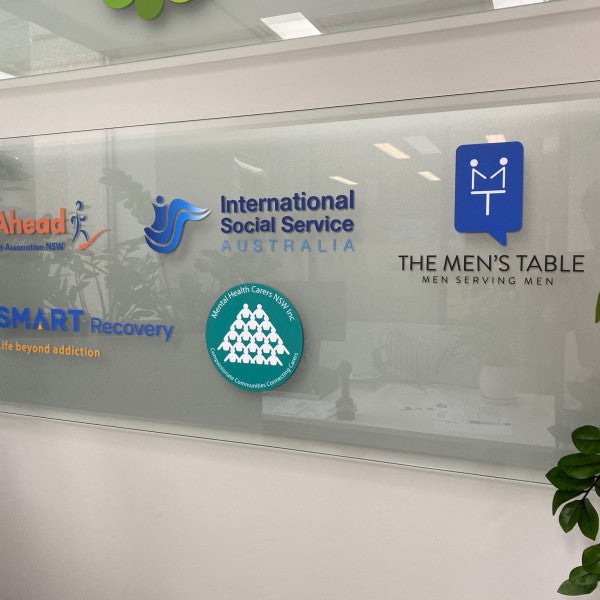 Wayahead - Custom Acrylic reception sign with vinyl and digital print and frost finished with stainless steel standoffs - Signarama Sydney CBD South