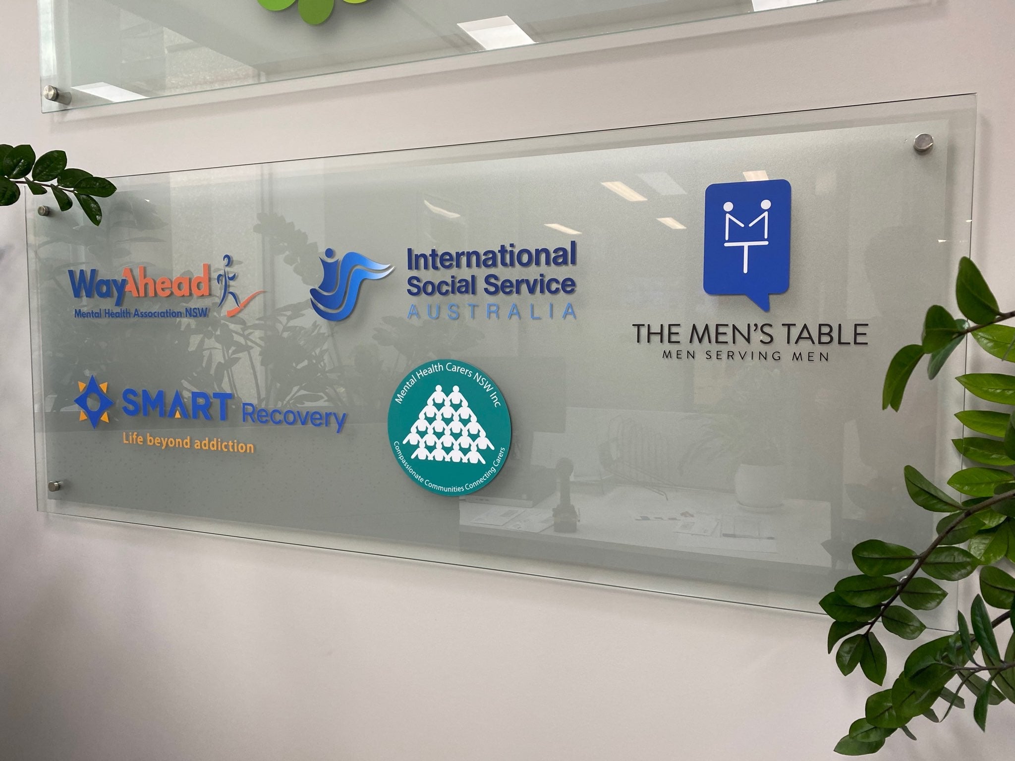 Wayahead - Custom Acrylic reception sign with vinyl and digital print and frost finished with stainless steel standoffs - Signarama Sydney CBD South
