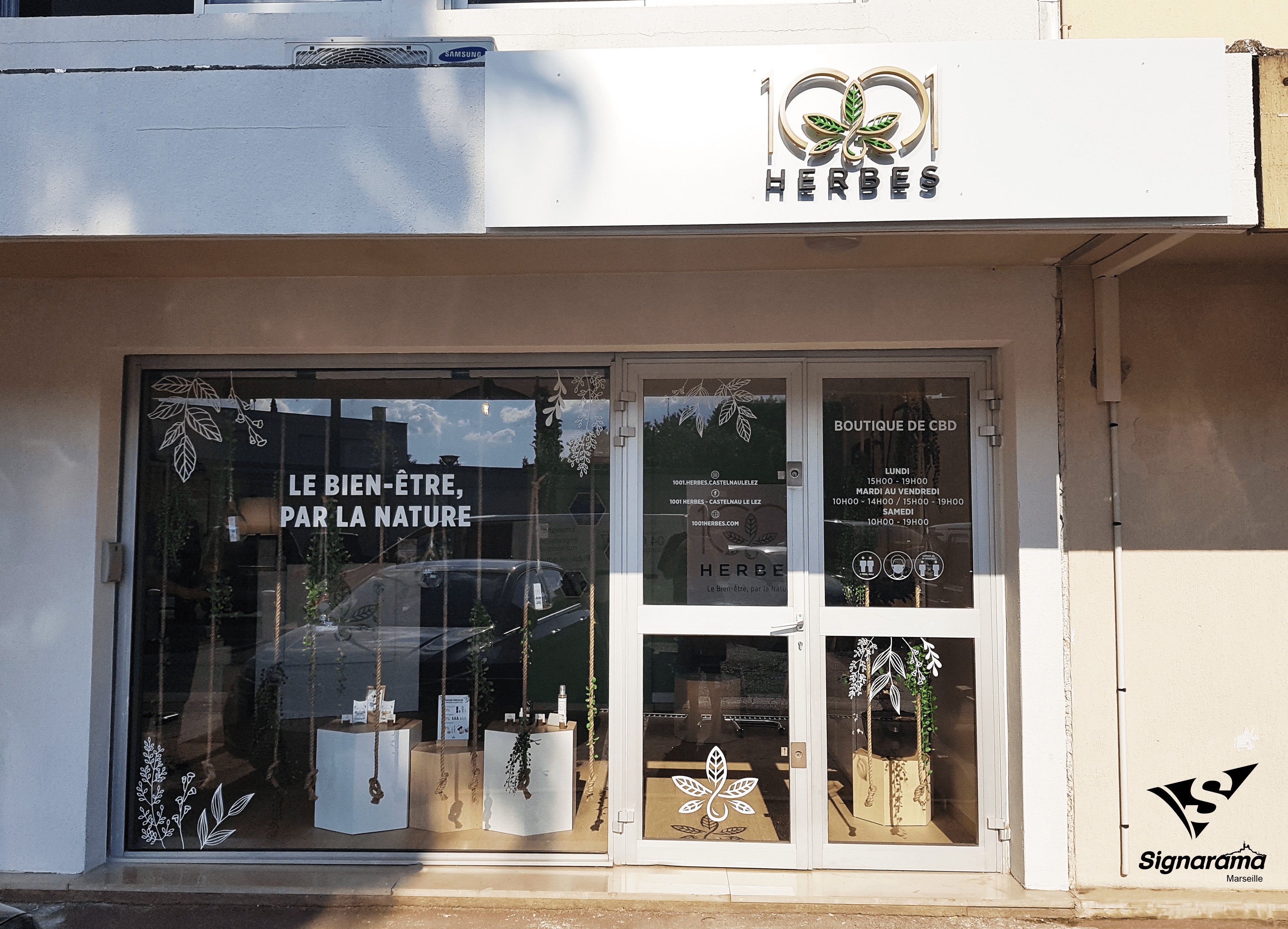 1001 HERBES CASTELNAU-LE-LEZ_MARSEILLE_ENSEIGNE_LETTRES DECOUPEES_VITROPHANIE