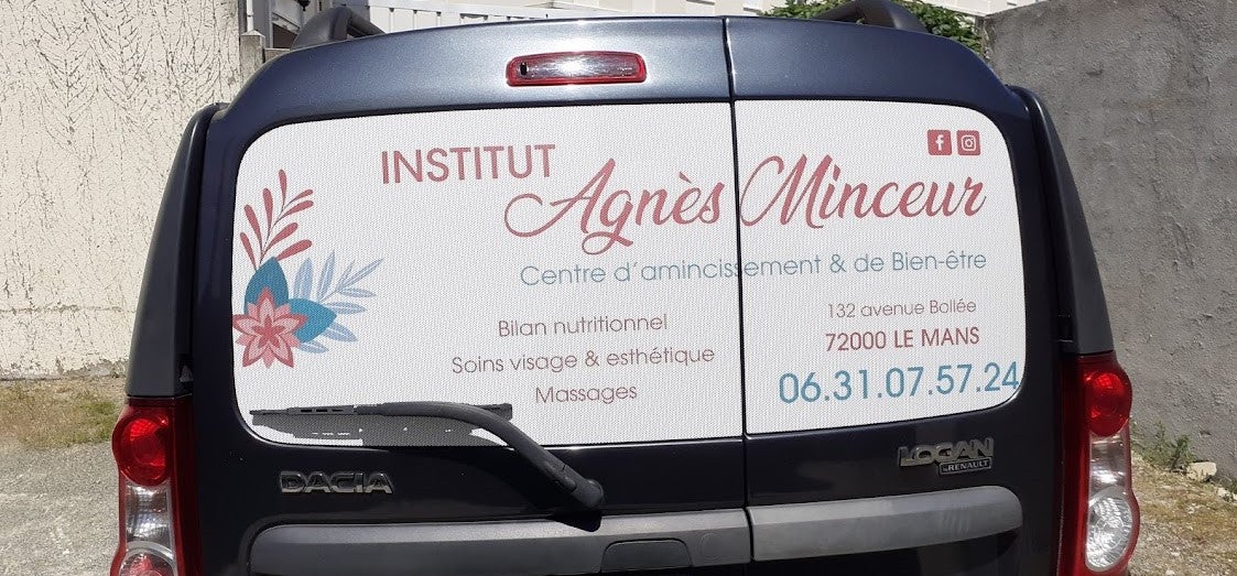 Habillage d'une vitrine et d'un véhicule pour Agnès Minceur installé sur Le Mans par Signarama Le Mans.