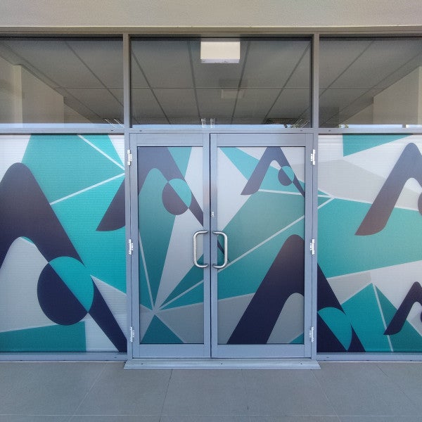 Silver frost decorative window film with a digitally printed abstract pattern