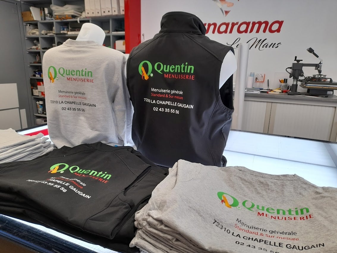 Impression sur vêtements pour Quentin Menuiserie installé à La Chapelle Gaugain par Signarama Le Mans.