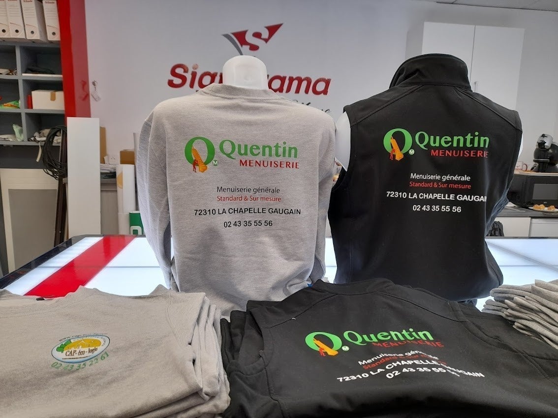 Impression sur vêtements pour Quentin Menuiserie installé à La Chapelle Gaugain par Signarama Le Mans.