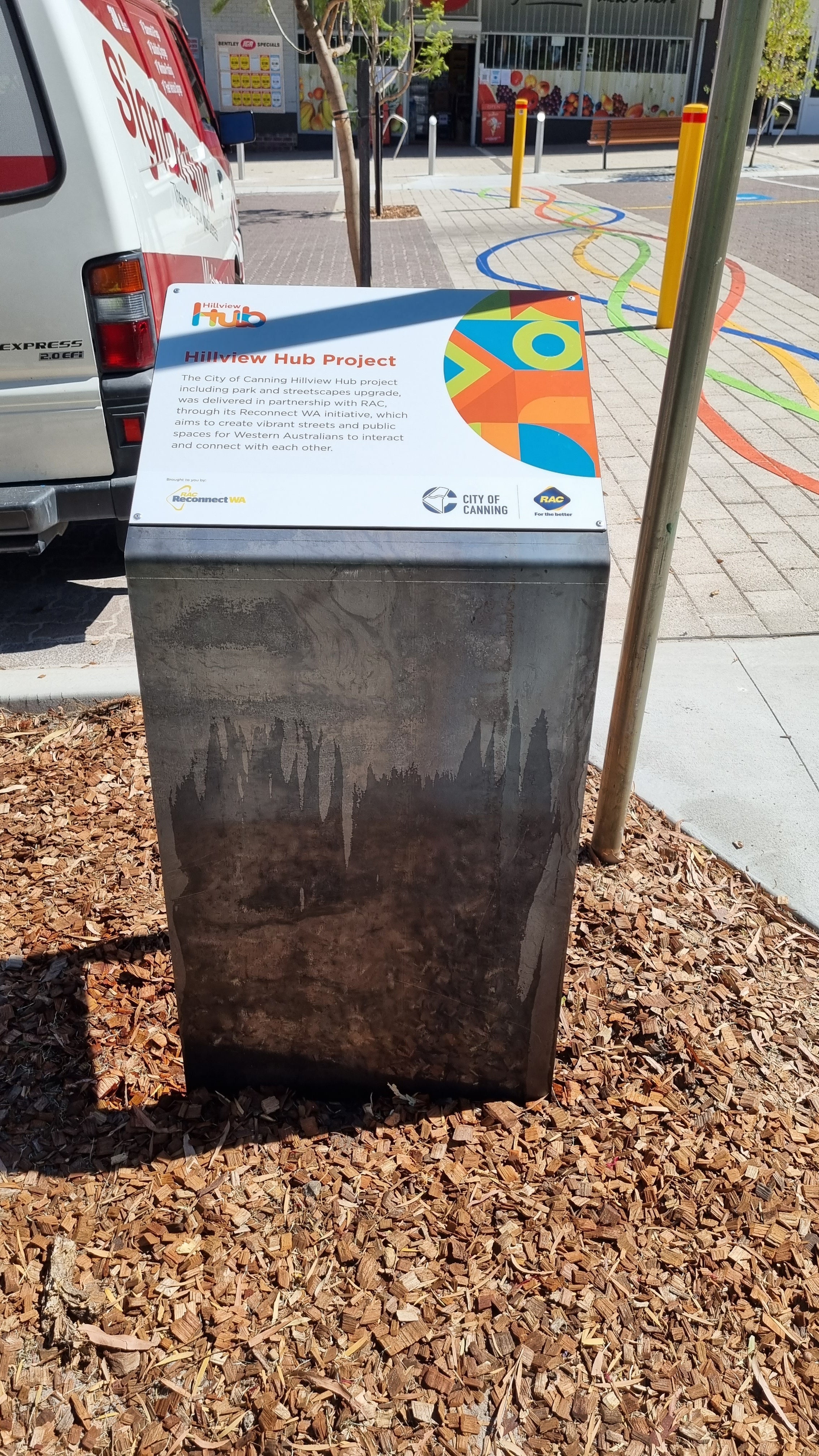 Digital print on Aluminium Composite Panel, Fixed to custom cut and bent corten steel.