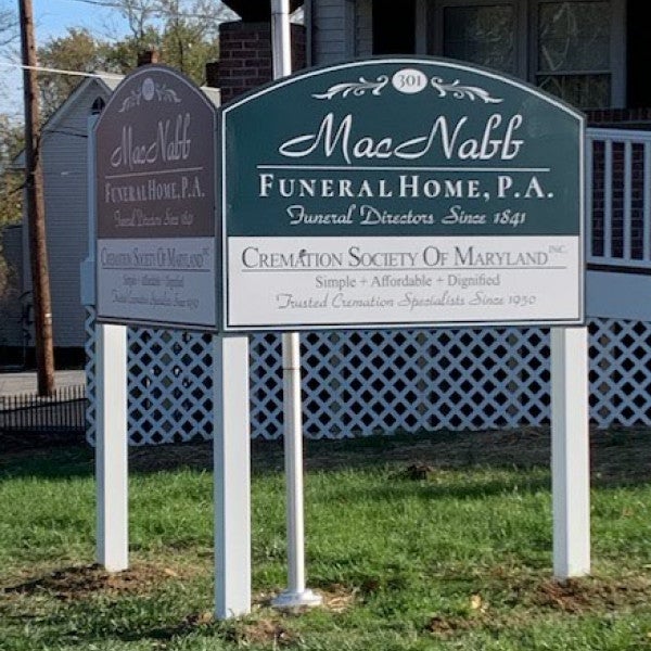 V shaped Post and Panel sign for MacNabb Funeral Home