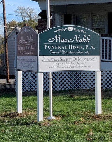 V shaped Post and Panel sign for MacNabb Funeral Home