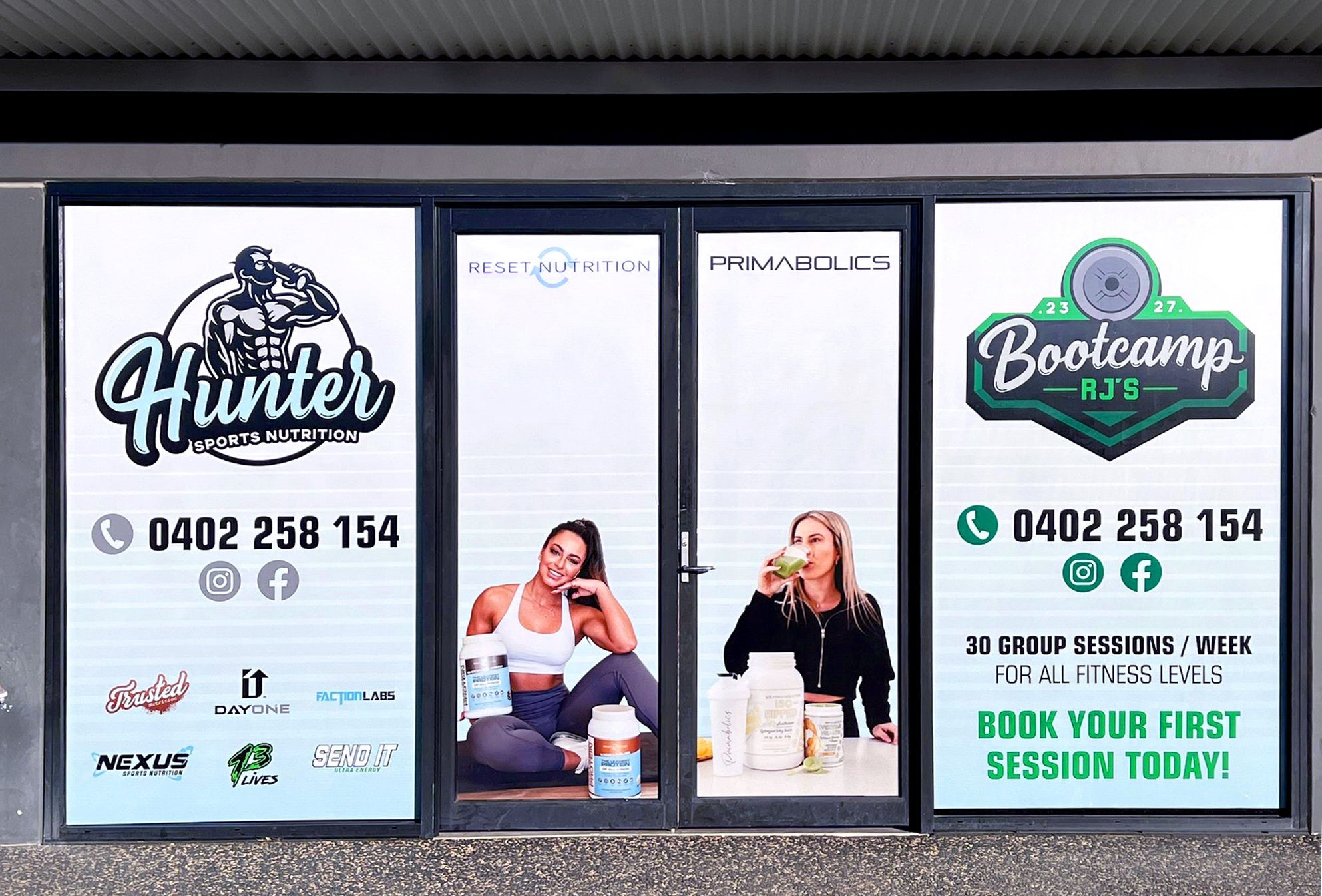 Store signs for Hunter Sports Nutrition and RJ's Bootcamp