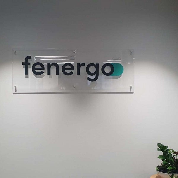 Fenergo_Acrylic Reception sign with stainless steel standoffs and vinyl logo.2