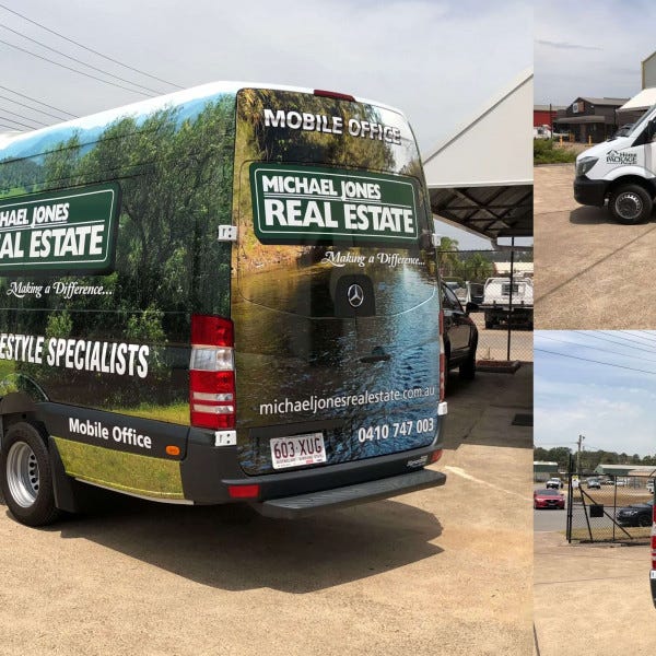 Bus graphic for a real estate specialist with various drone shots of property