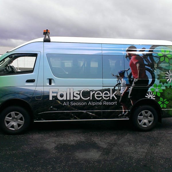 Vehicle One Way Vision for a falls creek alpine resort minibus with an outdoor adventure image graphic
