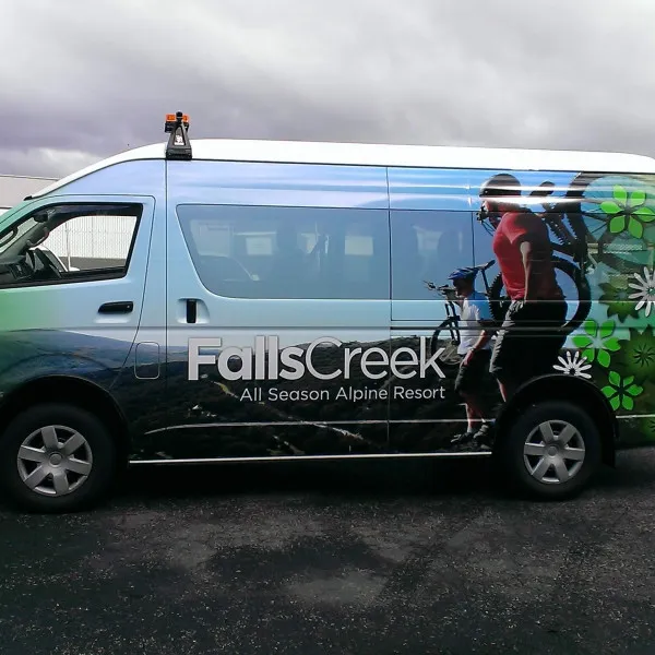 Vehicle One Way Vision for a falls creek alpine resort minibus with an outdoor adventure image graphic