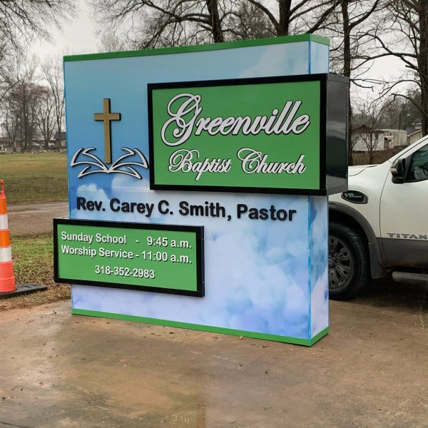 Monument Sign with Dimensional Logo & Lettering & Backlit Panels (Greenville Baptist Church 1)