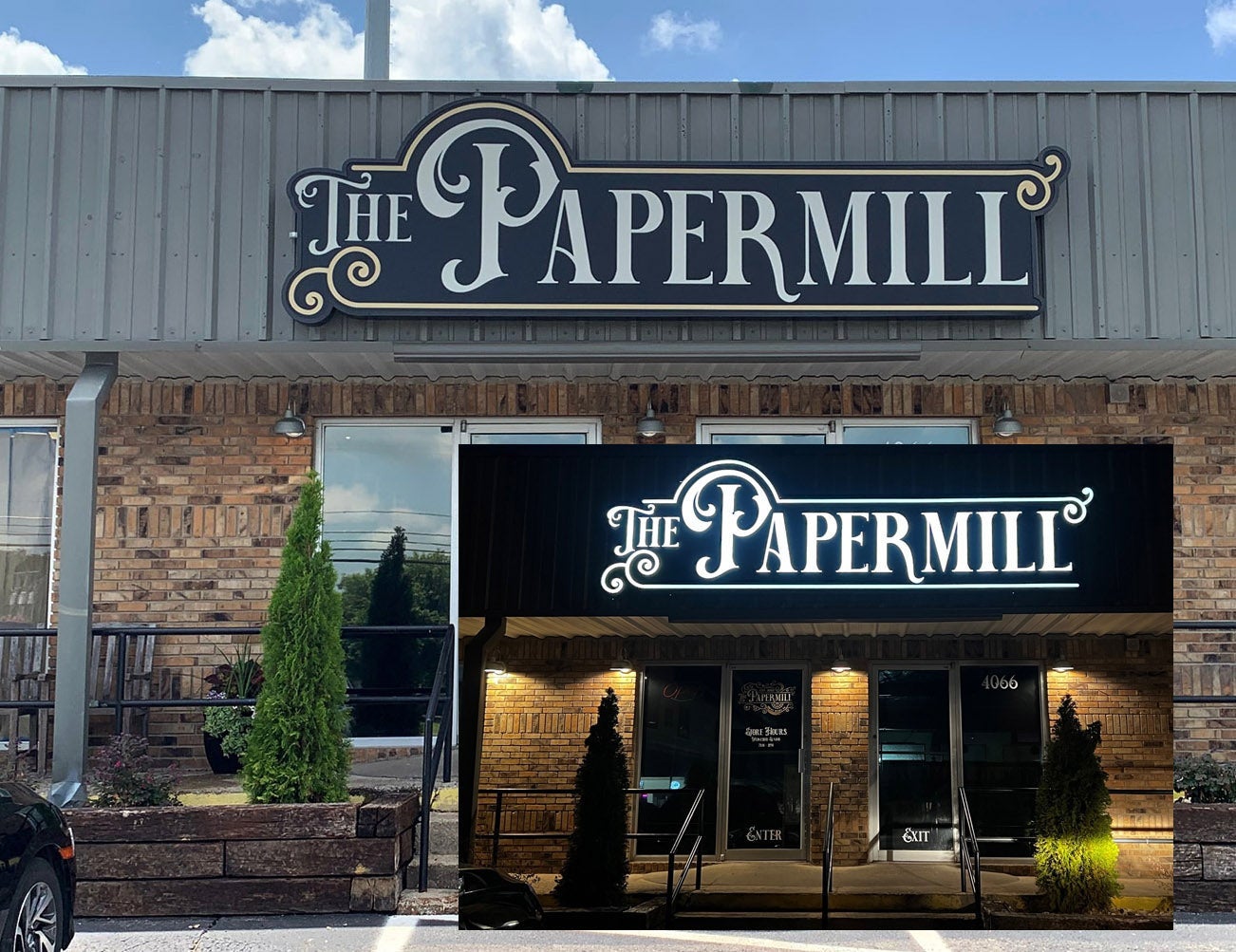 Papermills unique statement sign night or day.