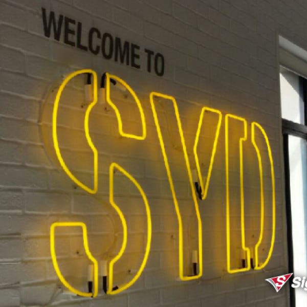 Neon Sign | Signage welcome to SYD in neon yellow flex tubing