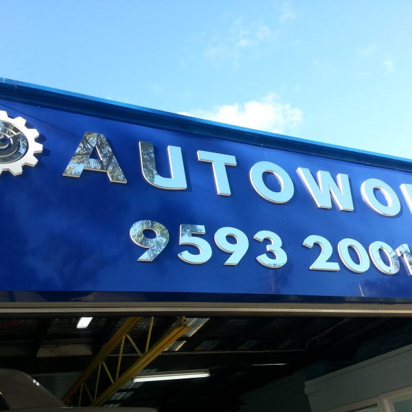 Metal Sign for mechanic | mirror chrome finish on blue banner |  Signarama